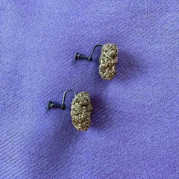 Handmade Gold Crochet Screw=On Button Earrings - Picture 2 of 2